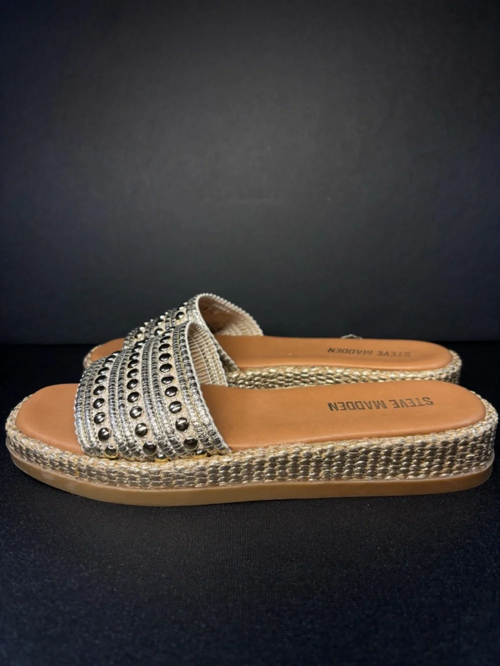 Steve Madden Boardwalk Studded Espadrille Platform Slide Sandals 8.5